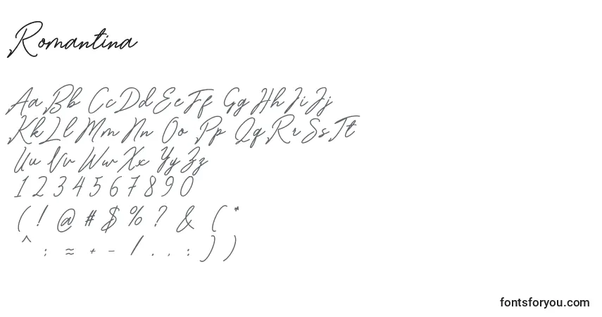 Schriftart Romantina – Alphabet, Zahlen, spezielle Symbole
