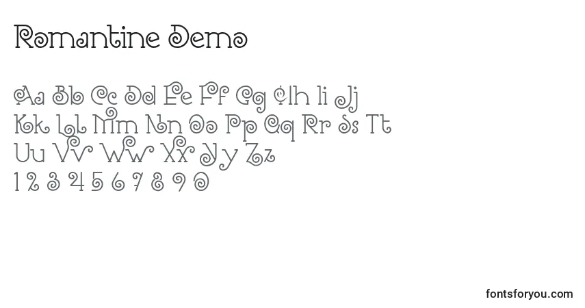 A fonte Romantine Demo – alfabeto, números, caracteres especiais