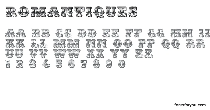 A fonte Romantiques (139073) – alfabeto, números, caracteres especiais