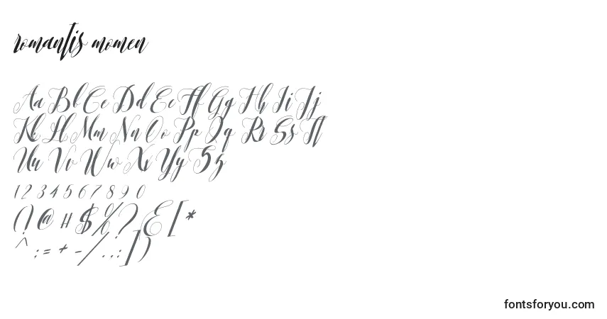 Schriftart Romantis momen – Alphabet, Zahlen, spezielle Symbole