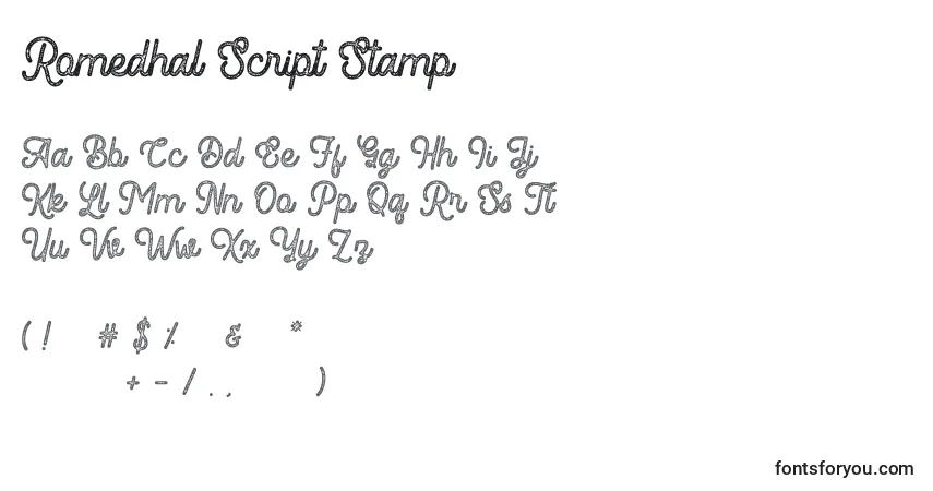 A fonte Romedhal Script Stamp – alfabeto, números, caracteres especiais