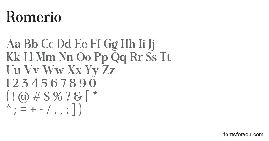 Schriftart Romerio – Alphabet, Zahlen, spezielle Symbole