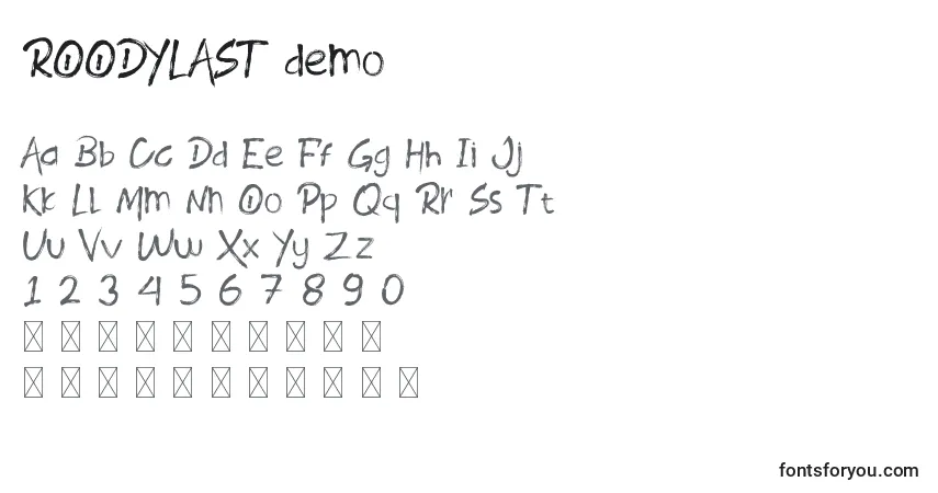 Schriftart ROODYLAST demo – Alphabet, Zahlen, spezielle Symbole