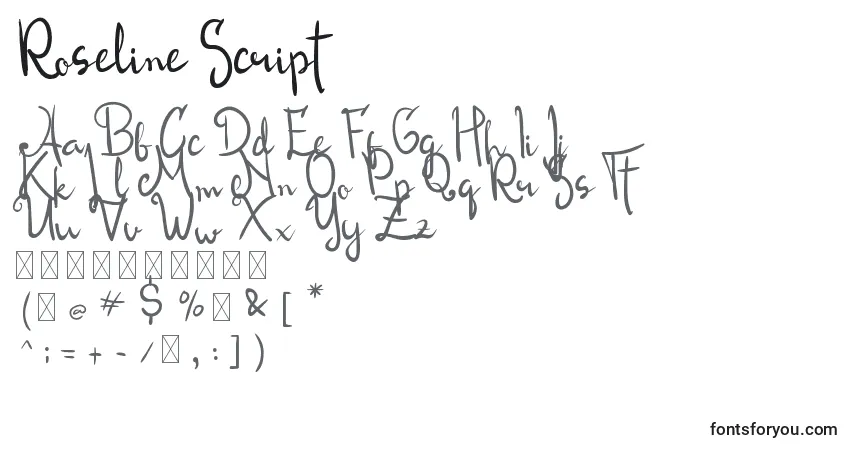 Schriftart Roseline Script – Alphabet, Zahlen, spezielle Symbole
