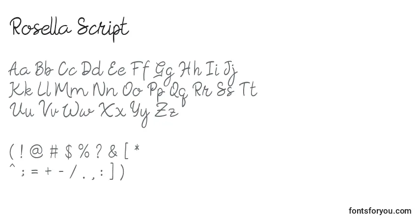 Rosella Script-fontti – aakkoset, numerot, erikoismerkit