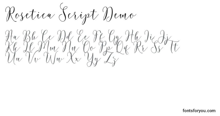 A fonte Rosetica Script Demo – alfabeto, números, caracteres especiais