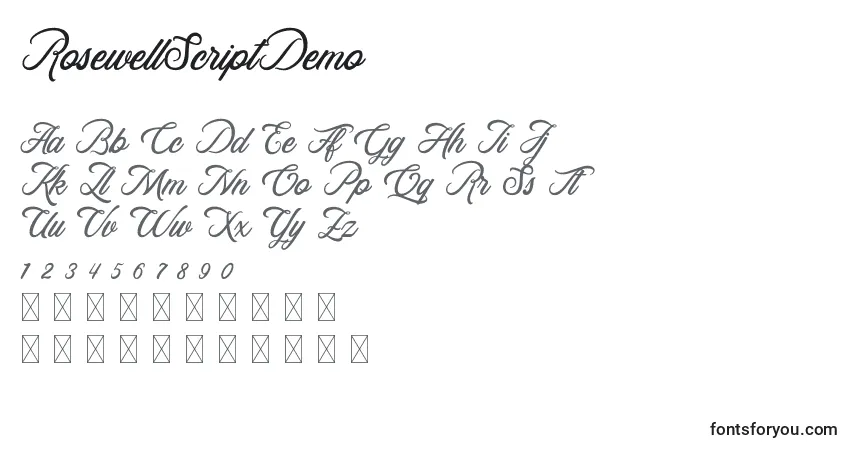 Schriftart RosewellScriptDemo – Alphabet, Zahlen, spezielle Symbole