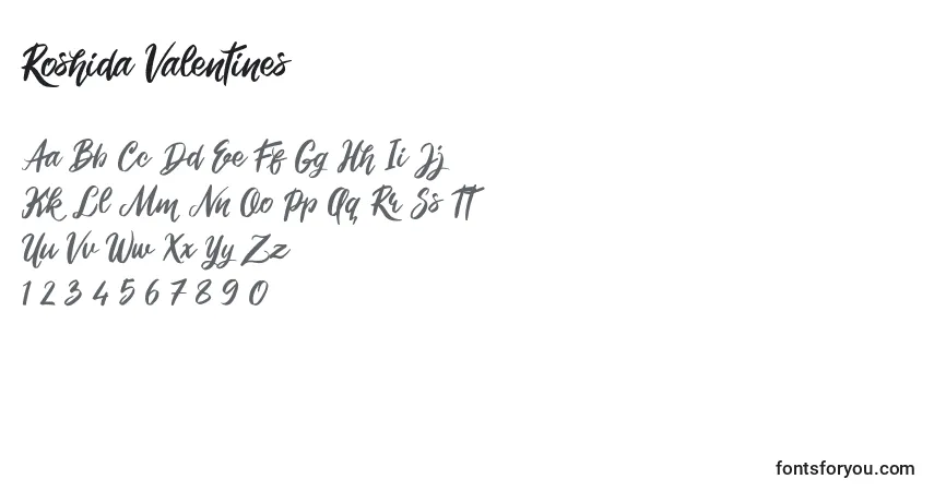 Schriftart Roshida Valentines – Alphabet, Zahlen, spezielle Symbole