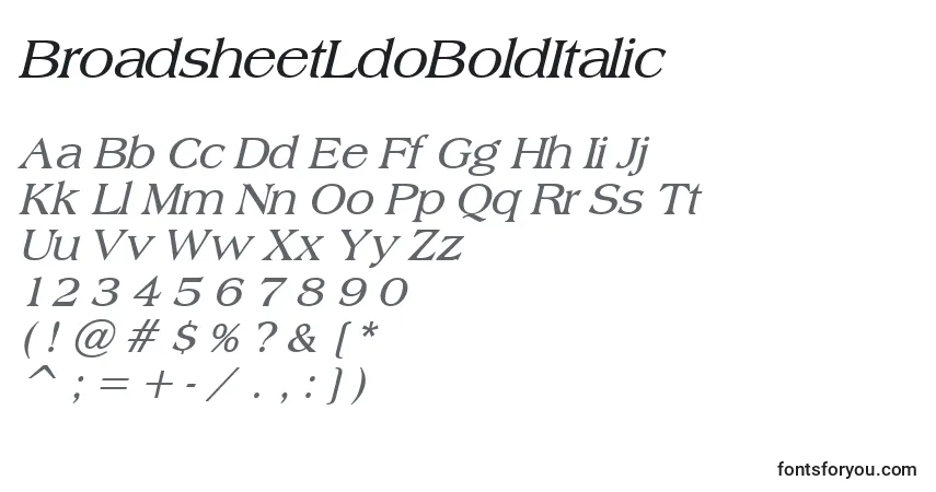 Czcionka BroadsheetLdoBoldItalic – alfabet, cyfry, specjalne znaki