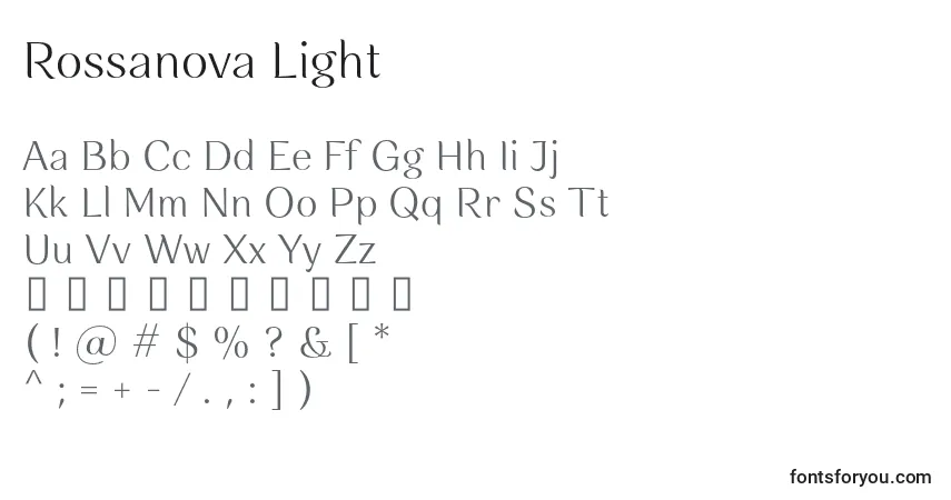 Czcionka Rossanova Light – alfabet, cyfry, specjalne znaki