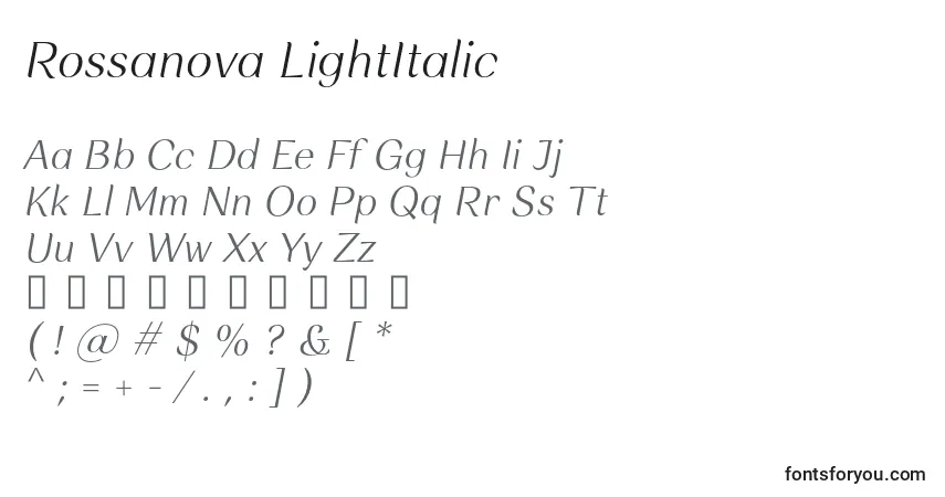 A fonte Rossanova LightItalic – alfabeto, números, caracteres especiais