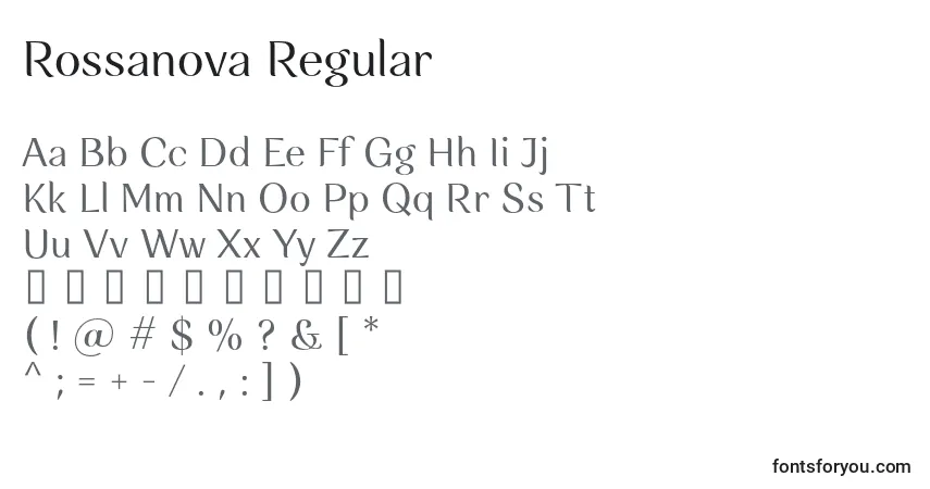 Schriftart Rossanova Regular – Alphabet, Zahlen, spezielle Symbole