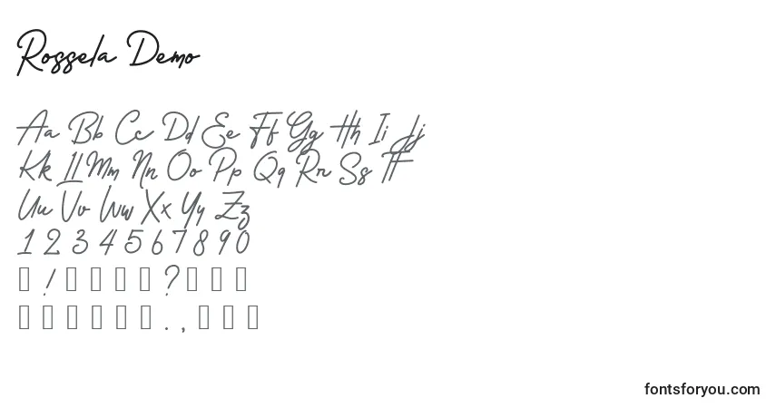 Schriftart Rossela Demo – Alphabet, Zahlen, spezielle Symbole