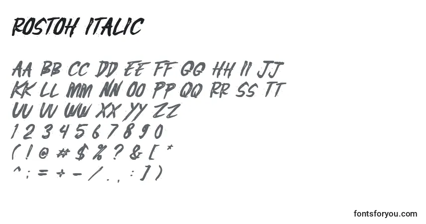 Шрифт Rostoh italic – алфавит, цифры, специальные символы