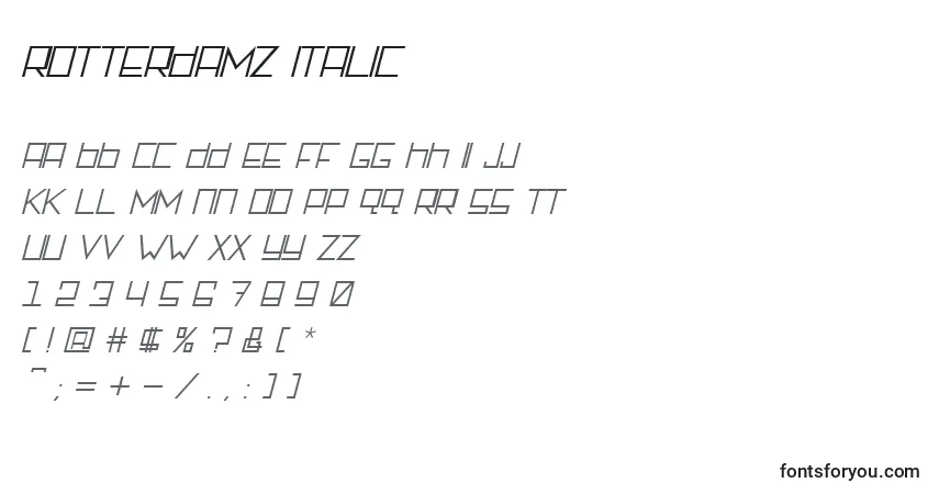 Schriftart Rotterdamz Italic – Alphabet, Zahlen, spezielle Symbole