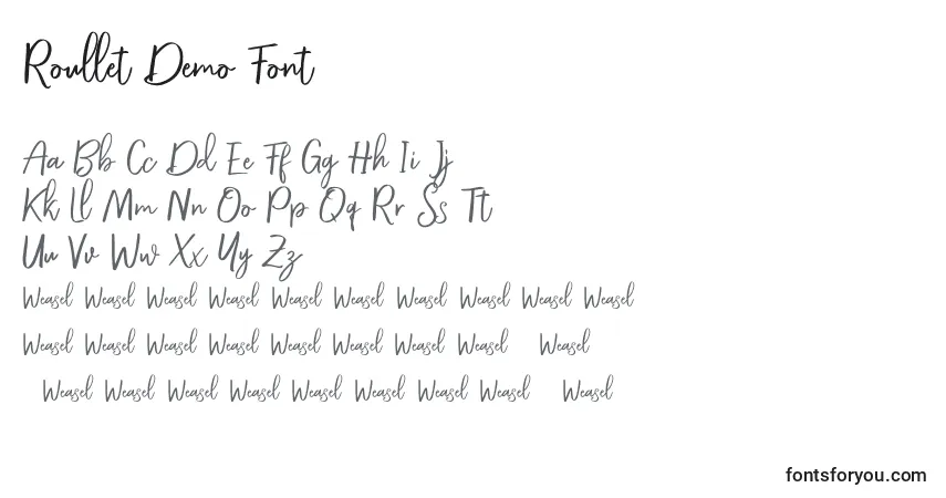 Schriftart Roullet Demo Font – Alphabet, Zahlen, spezielle Symbole