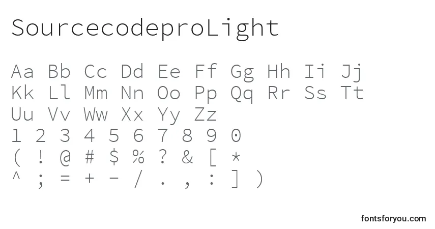 A fonte SourcecodeproLight – alfabeto, números, caracteres especiais