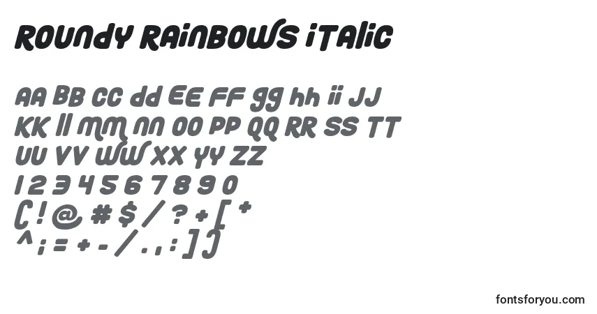 Roundy Rainbows Italic-fontti – aakkoset, numerot, erikoismerkit
