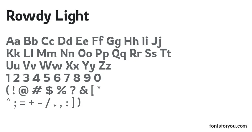 A fonte Rowdy Light – alfabeto, números, caracteres especiais