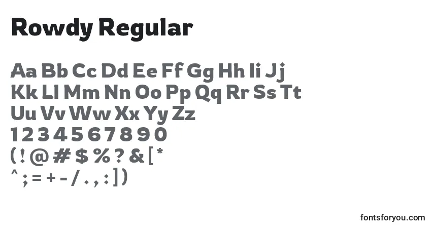 Rowdy Regular-fontti – aakkoset, numerot, erikoismerkit