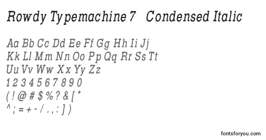 A fonte Rowdy Typemachine 7   Condensed Italic – alfabeto, números, caracteres especiais