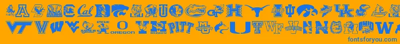 Weitere Informationen zur Collegecollage-Schriftart Collegecollage-Schriftart – Blaue Schriften auf orangefarbenem Hintergrund