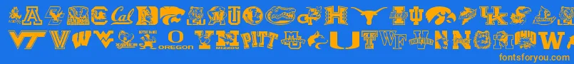 Collegecollage-Schriftart – Orangefarbene Schriften auf blauem Hintergrund