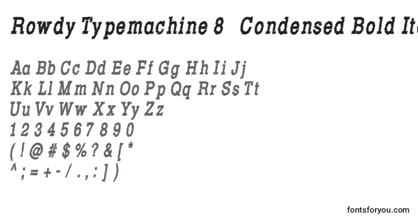 A fonte Rowdy Typemachine 8   Condensed Bold Italic – alfabeto, números, caracteres especiais