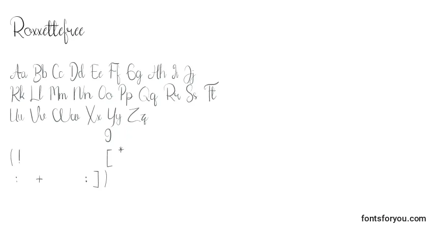 Czcionka Roxxettefree – alfabet, cyfry, specjalne znaki