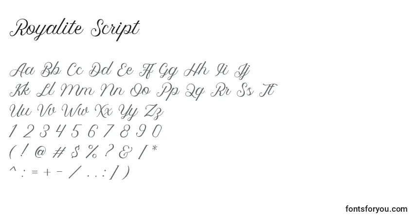 Czcionka Royalite Script – alfabet, cyfry, specjalne znaki