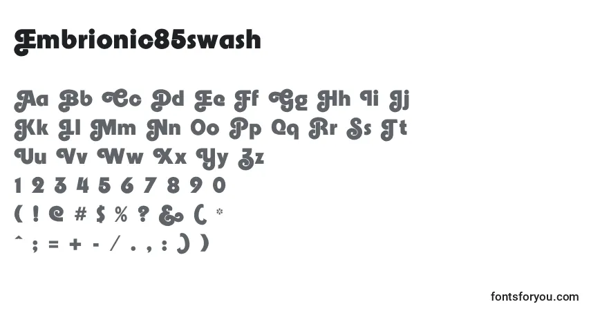 Schriftart Embrionic85swash – Alphabet, Zahlen, spezielle Symbole