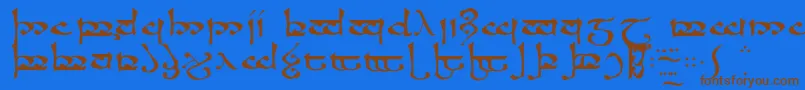 フォントRSMOROMA – 茶色の文字が青い背景にあります。