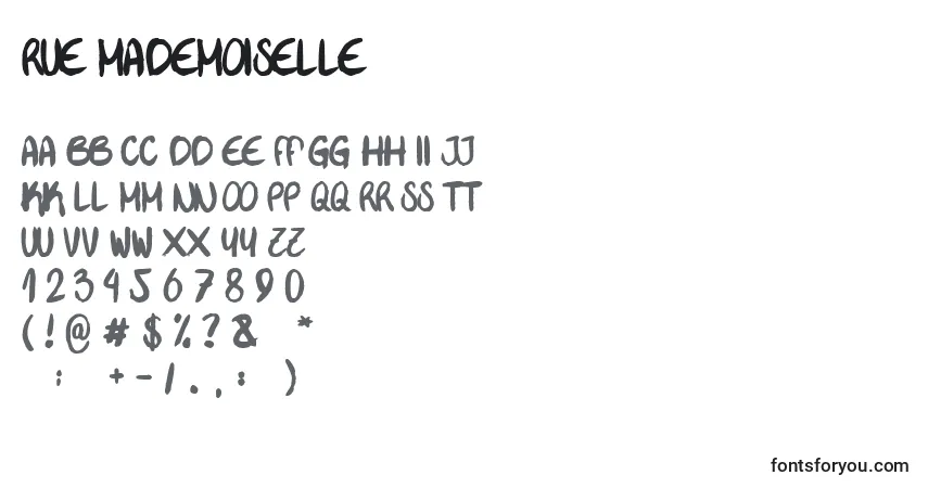 Schriftart Rue Mademoiselle – Alphabet, Zahlen, spezielle Symbole