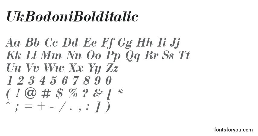 Czcionka UkBodoniBolditalic – alfabet, cyfry, specjalne znaki
