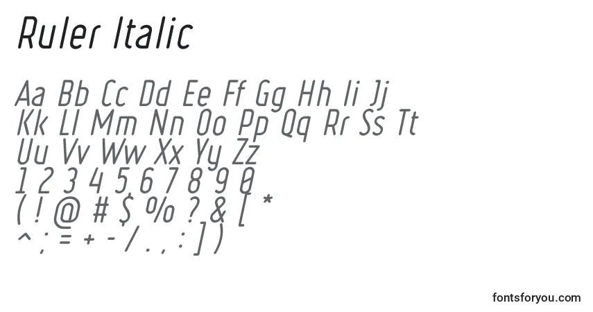 Шрифт Ruler Italic – алфавит, цифры, специальные символы