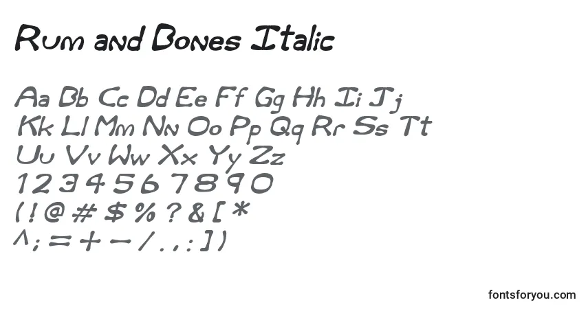 Schriftart Rum and Bones Italic – Alphabet, Zahlen, spezielle Symbole