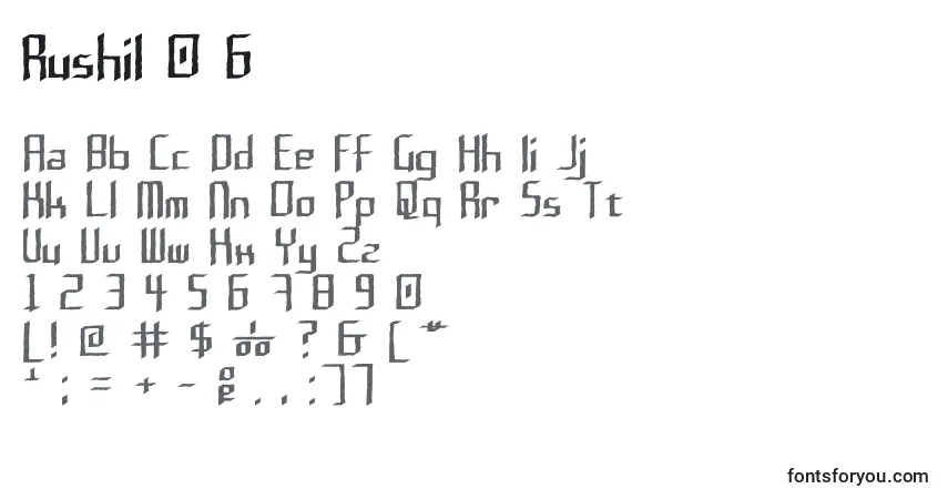 A fonte Rushil 0 6 – alfabeto, números, caracteres especiais