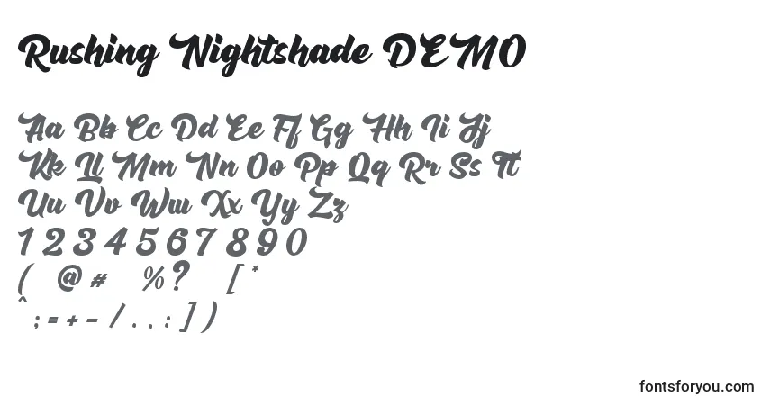 Шрифт Rushing Nightshade DEMO – алфавит, цифры, специальные символы