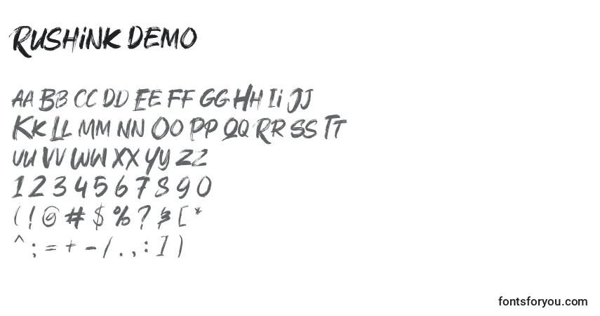 Schriftart Rushink Demo – Alphabet, Zahlen, spezielle Symbole