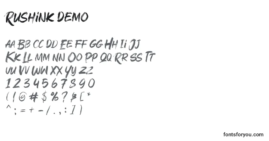 Schriftart Rushink Demo (139336) – Alphabet, Zahlen, spezielle Symbole