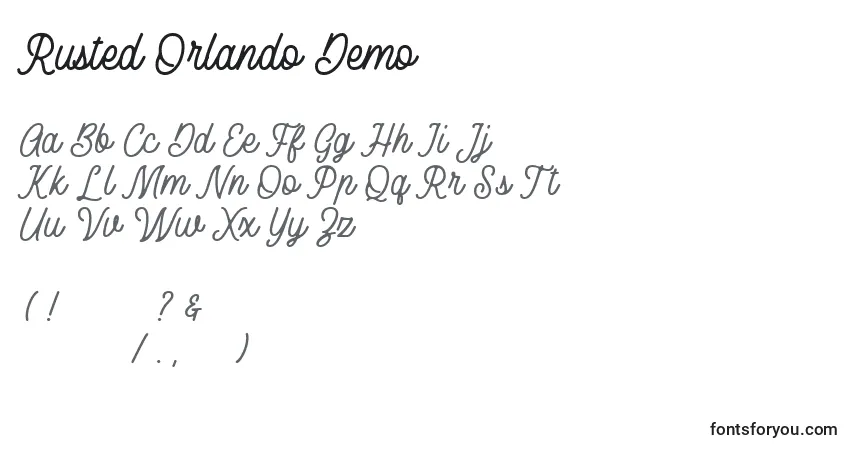 A fonte Rusted Orlando Demo (139356) – alfabeto, números, caracteres especiais