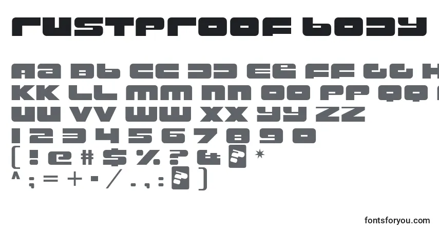 Schriftart Rustproof body – Alphabet, Zahlen, spezielle Symbole
