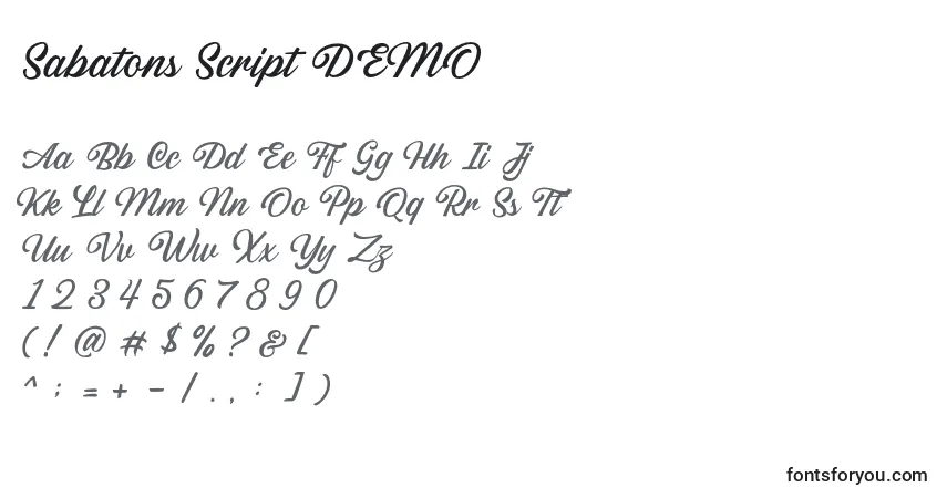 Sabatons Script DEMO-fontti – aakkoset, numerot, erikoismerkit