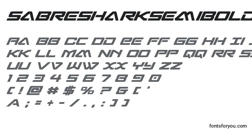 A fonte Sabresharksemiboldsemicond – alfabeto, números, caracteres especiais
