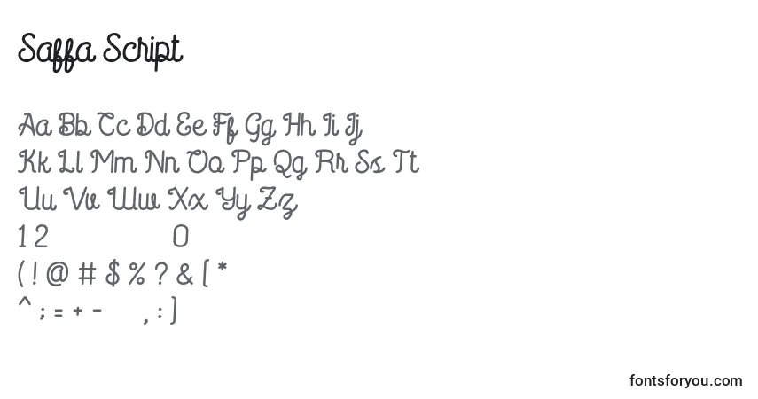 Czcionka Saffa Script – alfabet, cyfry, specjalne znaki