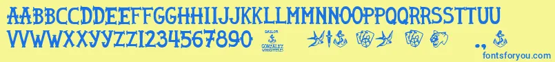 Weitere Informationen zur Sailor Gonzalez-Schriftart Sailor Gonzalez-Schriftart – Blaue Schriften auf gelbem Hintergrund