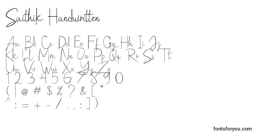 A fonte Saithik Handwritten – alfabeto, números, caracteres especiais