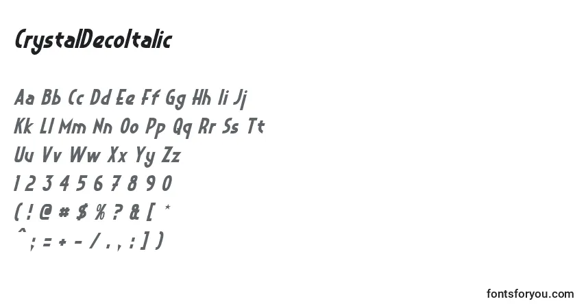 A fonte CrystalDecoItalic (13947) – alfabeto, números, caracteres especiais