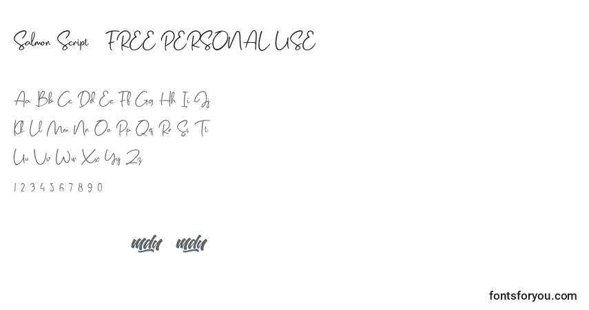 Schriftart Salmon Script   FREE PERSONAL USE – Alphabet, Zahlen, spezielle Symbole