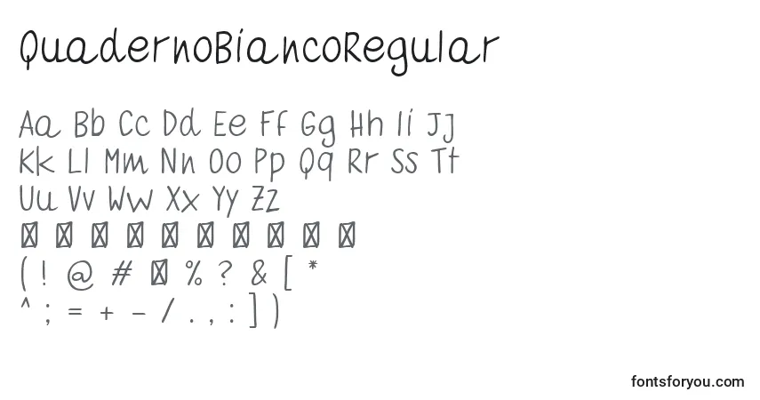 Czcionka QuadernoBiancoRegular – alfabet, cyfry, specjalne znaki